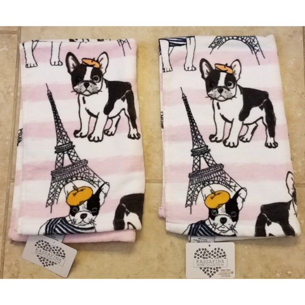 Kassafina 2pc Hand Towel Set Boston Terrier French Bulldog Pink White Paris NEW